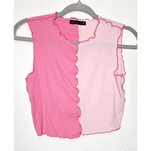 Vintage Y2K Crop Top XS Pink Colorblock Rib Knit‎ Lettuce Hem Soft Cottage Fairy